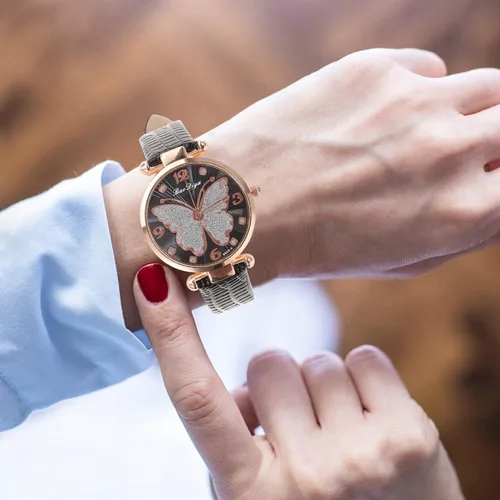 Vista 4 de Reloj de pulsera para mujer reloj analógico Q-uartz con esfera de mariposas para mujer