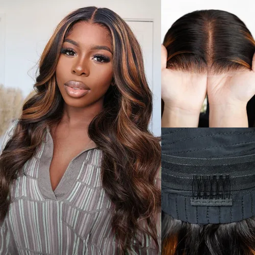Vista 9 de Arabella - Pelucas de cabello humano sin pegamento de 6 x 5 con reflejos de encaje HD Balayage peluca de 18 pulgadas 1B/27 Ombre Lace Front Wigs