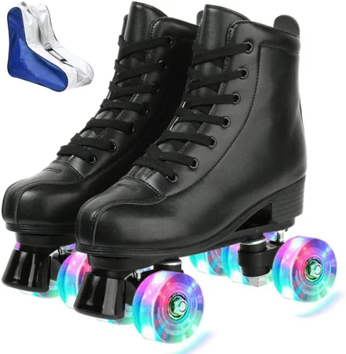 Vista 9 de XUDREZ - Patines de cuero PU para hombres y mujeres, tipo botines, de doble fila, para principiantes, patines profesionales para interiores