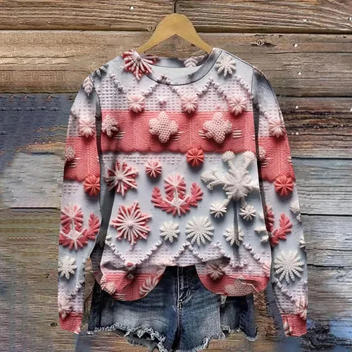 Vista 2 de Sudadera de gran tamaño con estampado 3D para mujer, suéter holgado de Navidad de manga larga con cuello redondo, sudaderas de vacaciones
