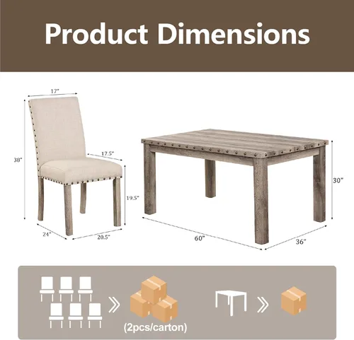 Vista 2 de Morden Fort Juego de mesa de comedor rústica para 6, sillas de comedor de cocina de granja para 6, encantadora mesa rectangular de madera de 60" y 6