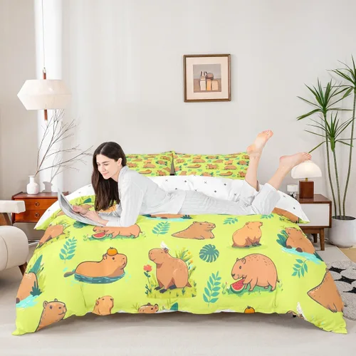 Vista 3 de Capybaras - Juego de funda de edredón tamaño individual, juego de ropa de cama para niños y niñas, diseño de zoológico de dibujos animados, juego
