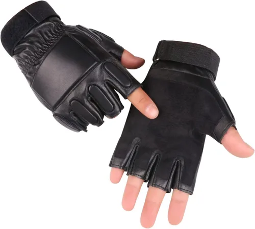 Vista 3 de Long Keeper Guantes de cuero genuino sin dedos para hombre, medio dedo, conducción, ciclismo, motocicleta, deportes al aire libre, Negro
