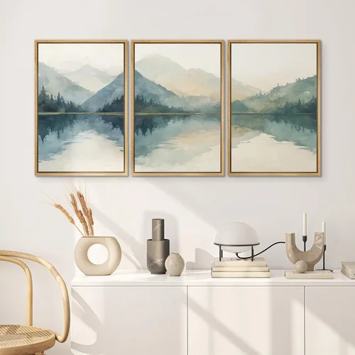 Vista 3 de SIGNWIN Lienzo enmarcado para pared, juego de arte tranquilo con reflejo de lago, acuarela, montaña y agua, ilustraciones modernas, arte abstracto