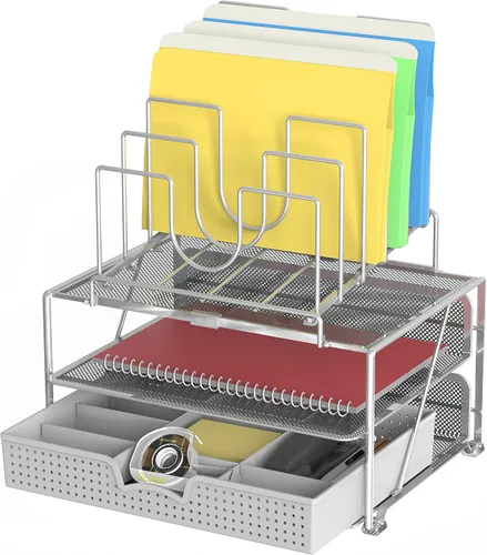 Vista 6 de Deco Brothers - Organizador de archivos de escritorio con doble bandeja y soporte para 5 carpetas Cajón deslizante con divisores ajustables, negro