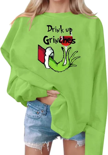 Vista 2 de Suéter feo de fiesta de Navidad para mujer, sudadera de manga larga raglán con estampado verde