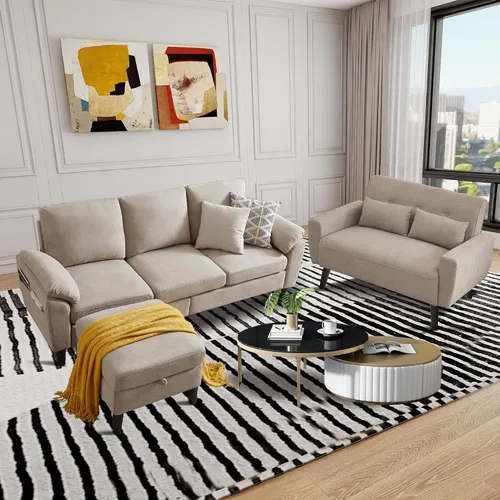 Vista 7 de Juego de sofá modular convertible de 79 pulgadas, moderno sofá pequeño en forma de L de lino con otomana reversible y sofá biplaza, sofás de 3 Beige