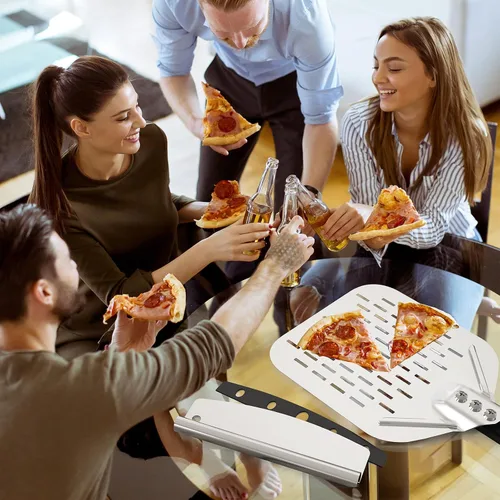Vista 9 de Kit de accesorios para horno de pizza de 4 piezas, incluye cáscara de pizza perforada de 12 pulgadas, cáscara redonda de torneado de pizza de 9