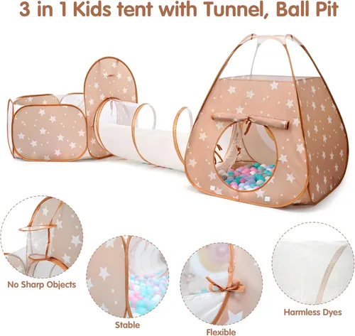 Vista 3 de Tienda de campaña desplegable 3 en 1 para niños con túnel y piscina de pelotas para niños, niñas, bebés y niños pequeños, casa