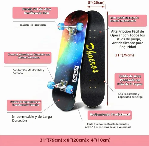 Vista 2 de PHOEROS Complete Skateboards- Standard Skateboards for Beginners Kids Boys noche skaype