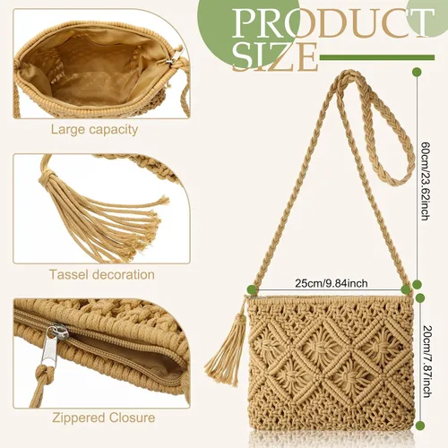 Vista 3 de Juego de bolsa de hombro de paja y aretes, bolsa de ratán, bolso de paja, bolso cruzado de vacaciones con 4 pares de aretes de ratán bohemio