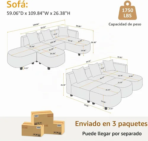 Vista 2 de 279 cm Sofá modular seccional con 3 almohadas, cómodo sofá de chenilla en nube convertible de 5 plazas con reposapiés, sofás seccional modernos