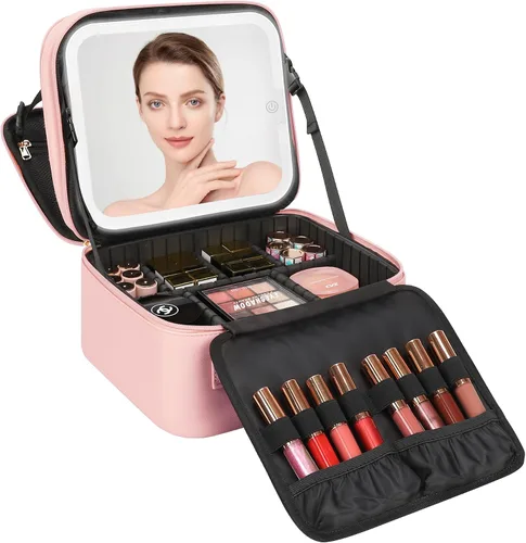 Vista 10 de Relavel Estuche de maquillaje con espejo LED, 01-Negro, Bolsa de maquillaje de viaje con espejo LED para niñas Compact Cosmetic Makeup Organizer