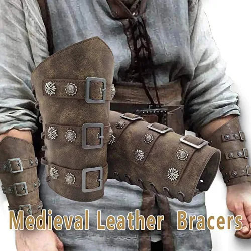 Vista 3 de Jeilwiy Brazaletes vikingos medievales de cuero para brazo de armadura de brazo, pulsera de cuero con guantelete punk para hombres y mujeres