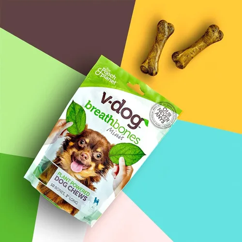 Vista 4 de V-dog Golosinas para perros – Limpieza de dientes veganos Breathbone Dental Huesos – Aliento fresco – 8 onzas – Minis – Todo natural, fabricado
