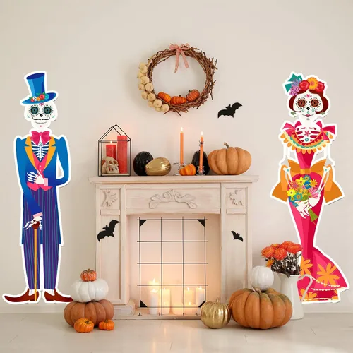 Vista 7 de Namalu Paquete de 2 carteles de Día de los Muertos para patio al aire libre, decoraciones de césped con calavera de azúcar con estacas para fiesta