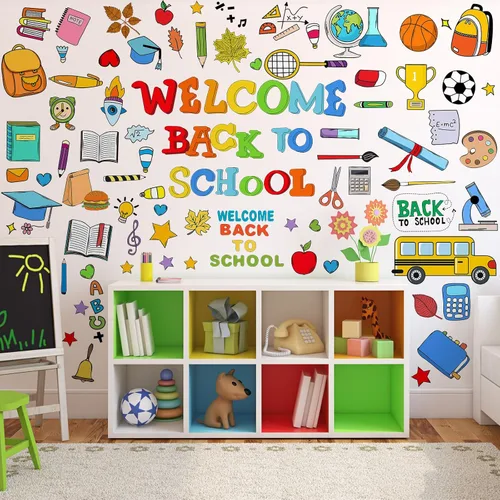 Vista 4 de Eersida 87 piezas de calcomanías de bienvenida de vuelta a la escuela para ventanas de aula, pegatinas de pared para el primer día de escuela