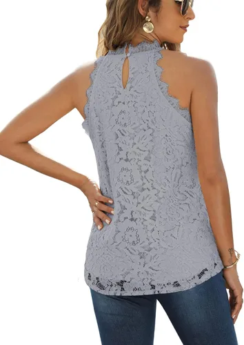 Vista 5 de Halife Blusa sin mangas de encaje de verano para mujer, cuello halter, casual, sin mangas, blusa elegante