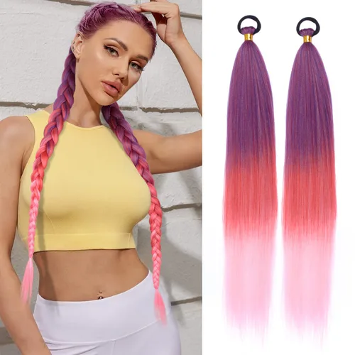 Vista 14 de Paquete de 2 extensiones de cola de caballo trenzada con lazo elástico, lacio, elegante envolvente, extensiones de cola de caballo de 26 pulgadas