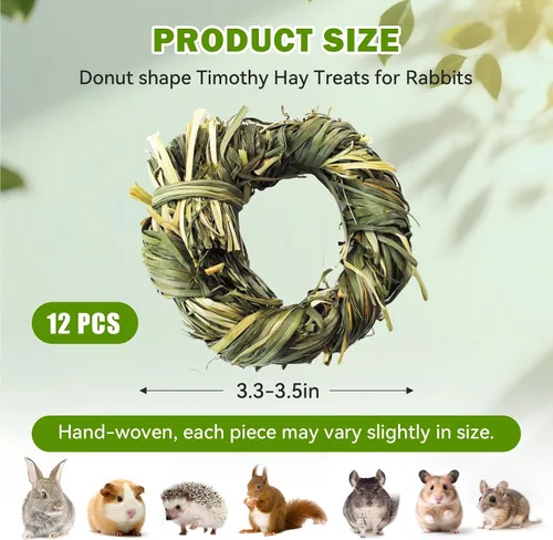 Vista 2 de 12 juguetes masticables de conejito para dientes, círculo de heno Timothy para conejos, anillos de heno Timothy para animales pequeños, conejillos