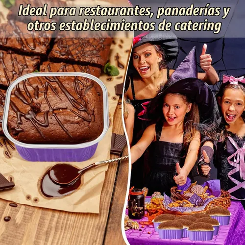 Vista 3 de 50 tazas de papel de aluminio para hornear con tapas, moldes cuadrados de 10 onzas para hornear, moldes desechables con tapas para flans Púrpura