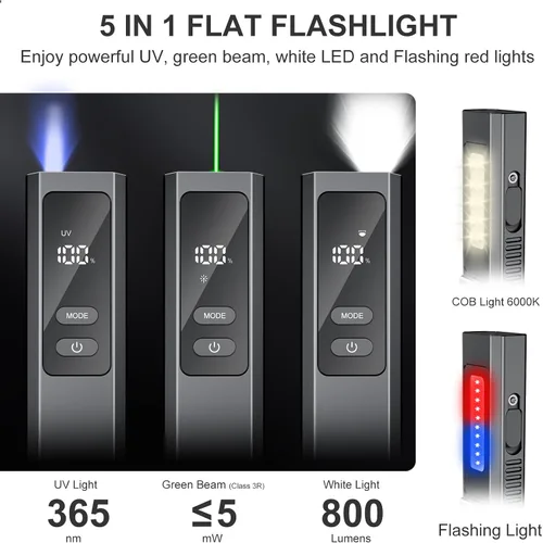 Vista 2 de Linterna plana EDC 5IN1 con haz verde, combo recargable de luz blanca de 800 lúmenes, LT010 luces de flash de bolsillo portátiles con imán