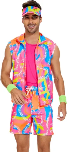 Vista 2 de KBJALQ 80S 90S Workout Costume Halloween Costumes for Adult Mens Cosplay Outfits Swimwear Suit With Sun Hat