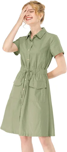 Vista 3 de Allegra K Vestidos de safari de algodón con cuello abotonado para mujer