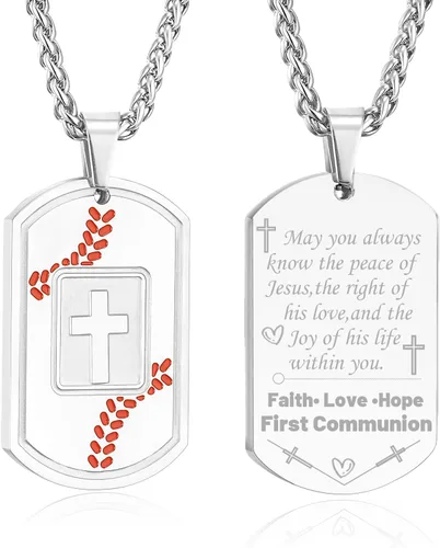 Vista 13 de Collar de cruz con versículo bíblico de béisbol, acero inoxidable, dije de cruz en tono negro/dorado/plateado, regalos religiosos, joyería deportiva