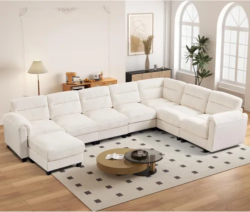 Vista 77 de HAOMARKETS Sofá esquinero modular en forma de L de 115 pulgadas con 2 otomanas móviles, sofás de pana de 8 plazas con cojín grueso para sala de Beige