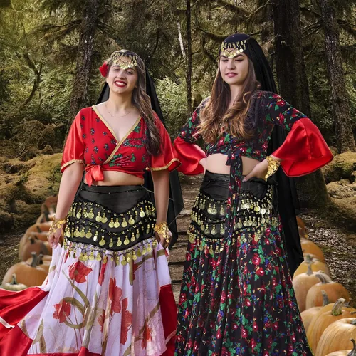 Vista 5 de Eurzom Disfraz de gitana para mujer, accesorios para danza del vientre, bufanda de cabeza gitana con monedas, bufanda de cadera gitana, conjunto