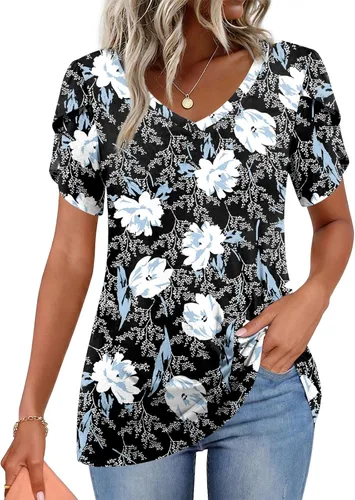 Vista 39 de CATHY 2025 - Blusas de verano para mujer, con mangas cortas, cuello en V, estilo túnica, tallas S-4XL Talla B