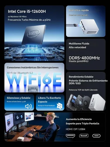 Vista 3 de MINISFORUM Mini PC M1 Plus Core i5-12600H (12C/16T, hasta 4.5 GHz) 16GB DDR5 512GB SSD Mini computadora, 2x2.5G LAN/WiFi6E/BT5.2/4xUSB HDMI/DP/USB4