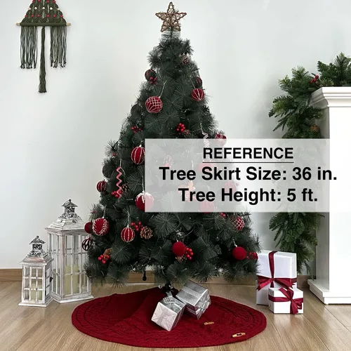 Vista 3 de 36-Inch Cable Sweater Knit Christmas Tree Skirt with Wooden Toggles, Burgundy