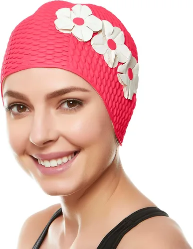 Vista 20 de BeeMo Gorro de Natación de Látex para Mujeres - Gorro de Natación de Goma - Suave Cómodo Elástico Elegante Diseño de Corte Bajo Protege el Cabello