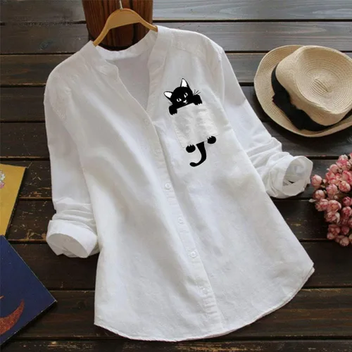 Vista 2 de Tops de gato largo estampado de plumón casual de lino de algodón para mujer, blusa con botones para mujer