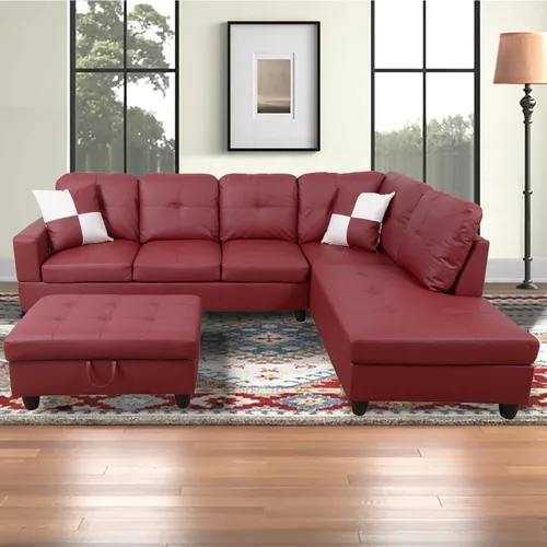 Vista 24 de Sofá modular para sala de estar, sofá seccional de cuero marrón en forma de L con diván y otomano de almacenamiento para sala de estar, B- marrón