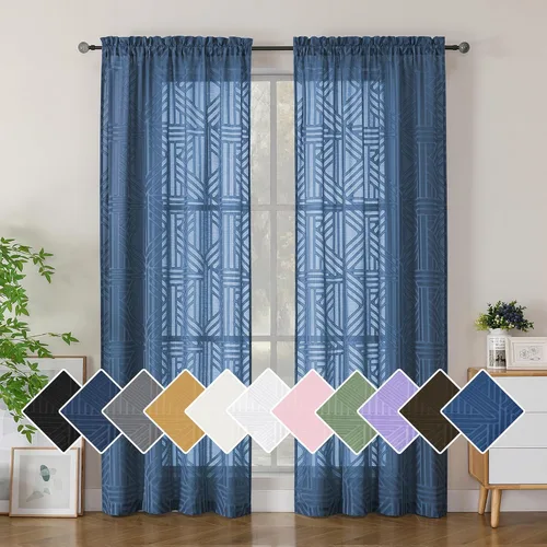 Vista 53 de Simplebrand Cortinas traslúcidas negras de cocina de 24 pulgadas de largo, 2 paneles, filtrado de luz, geométrico jacquard con textura, cortinas