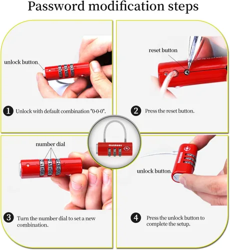 Vista 7 de munkees Cerradura de equipaje aprobada por la TSA, combinación de 3 dígitos, construcción de metal (rojo)