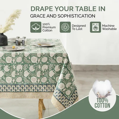 Vista 6 de Labhanshi Mantel redondo de 108 pulgadas con estampado de bloques de mano indio, 108 pulgadas, 10 plazas y rectangular, 60 x 90 pulgadas, mantel