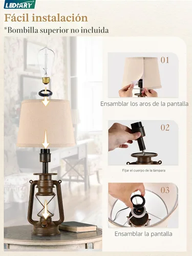 Vista 6 de LEDIARY Juego de 2 lámparas de mesa LED vintage de linterna parpadeante de llama para dormitorios, pequeñas lámparas rústicas de estilo granja
