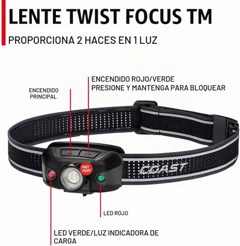 Vista 5 de Coast FLX40R - Linterna frontal LED con batería recargable incorporada de 800 lúmenes con lente de enfoque giratorio ultra correa