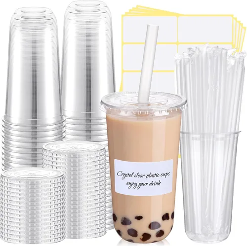 Vista 9 de Ziliny 25 juegos de vasos de plástico transparente con tapas, pajitas y pegatinas, vasos desechables de PET engrosado para café helado, té
