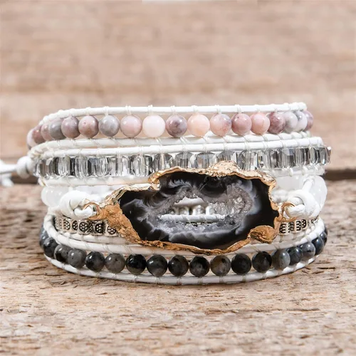 Vista 4 de Ygline Pulsera bohemia hecha a mano, con piedra de cristal, envolvente, de cuero, para mujer