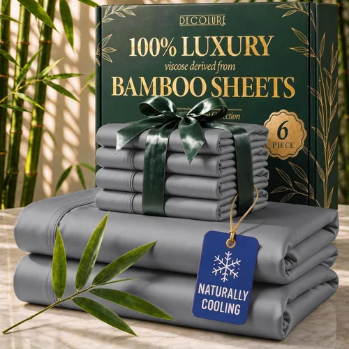 Vista 13 de DECOLURE Sábanas de Viscosa 100% Derivada de Bambú Tamaño Full - Juego de Sábanas de Lujo de 6 Piezas Naturalmente Refrescantes, Ultra Suaves Negro