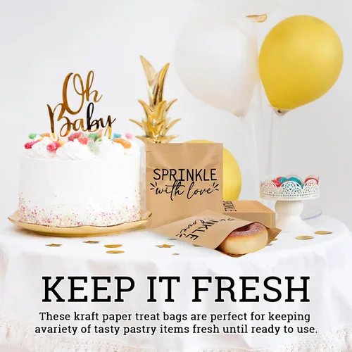 Vista 6 de AnyDesign Paquete de 100 bolsas de bufé de dulces de donas, autoadhesivas, espolvorear con amor, bolsas de papel kraft para golosinas de galletas