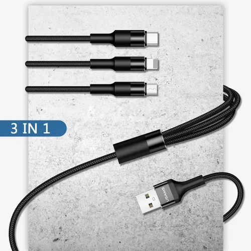 Vista 2 de USAMS Paquete de 2 cables de carga múltiple, cable de carga múltiple USB trenzado de nailon 3 en 1 de 5 pies, cable de carga rápida compatible