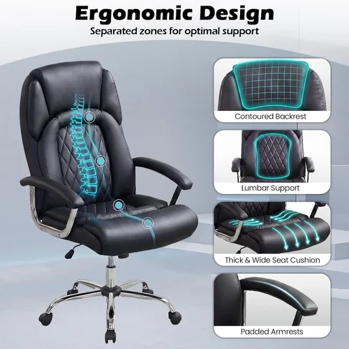 Vista 4 de Giantex Silla de oficina ergonómica, silla ejecutiva tapizada de cuero con reposabrazos acolchados y respaldo mecedor, silla de escritorio