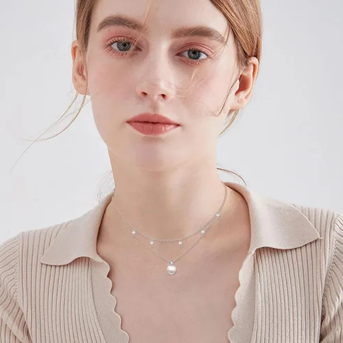 Vista 6 de POPLYKE Collar de perlas de agua dulce de plata de ley con capas para mujeres y niñas