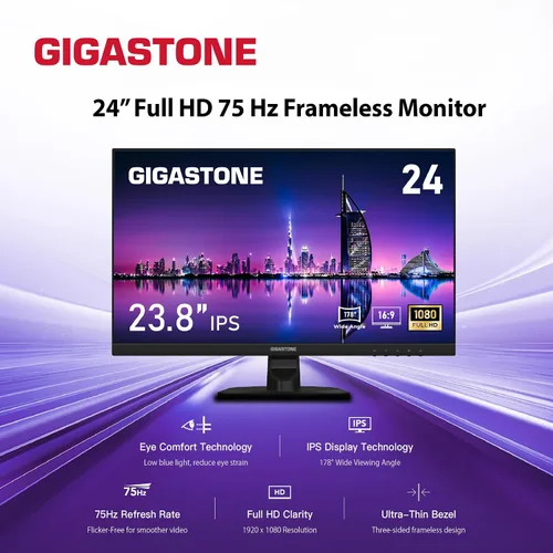 Vista 2 de Gigastone Monitor de luz trasera LED IPS de 24 pulgadas, 75 Hz, FHD 1920 x 1080, 1080P 178 ° de visión amplia sin marco, monitor de computadora sin